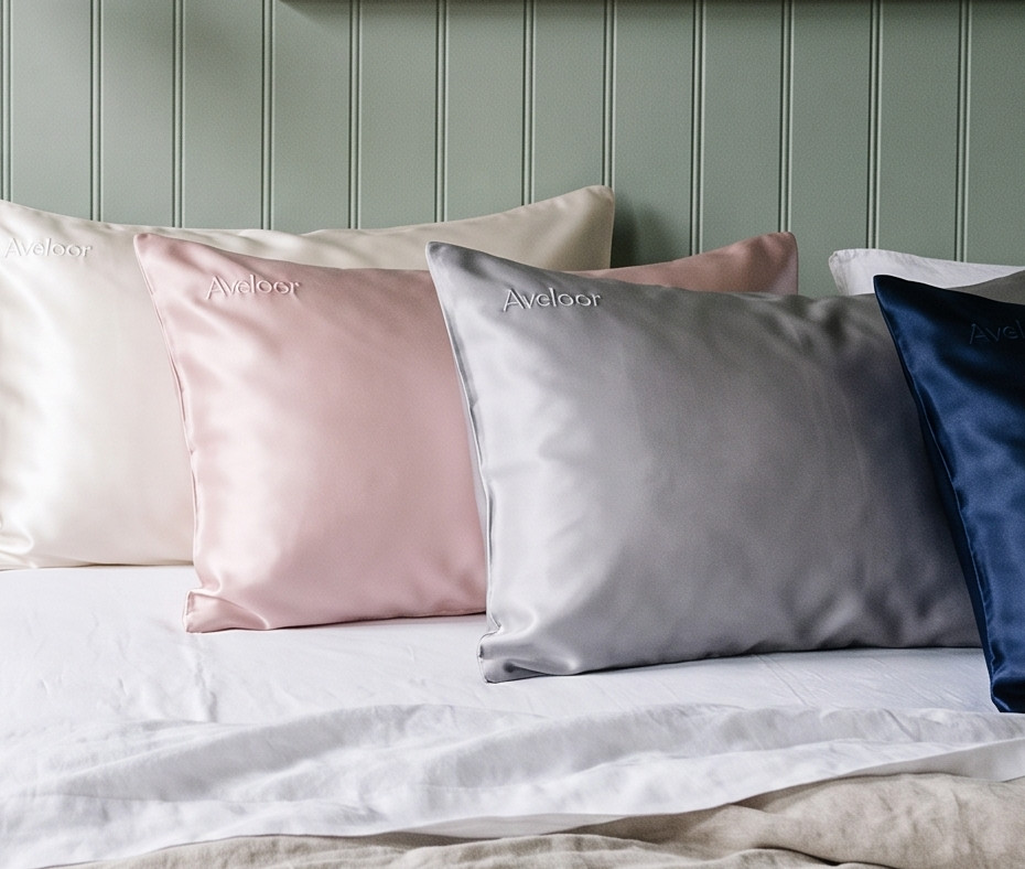 Aveloor blush and dove silk pillowcases on a bed
