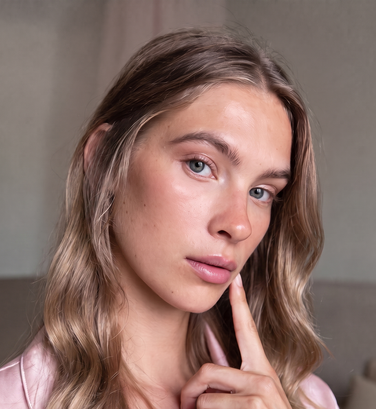 Aveloor customer with clear skin and smooth hair, fingertip resting at her chin
