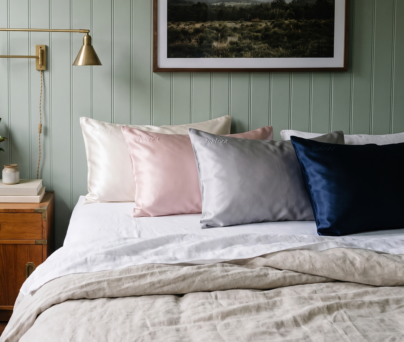 Aveloor mulberry silk pillowcases in Blush, Dove and Navy on a made bed