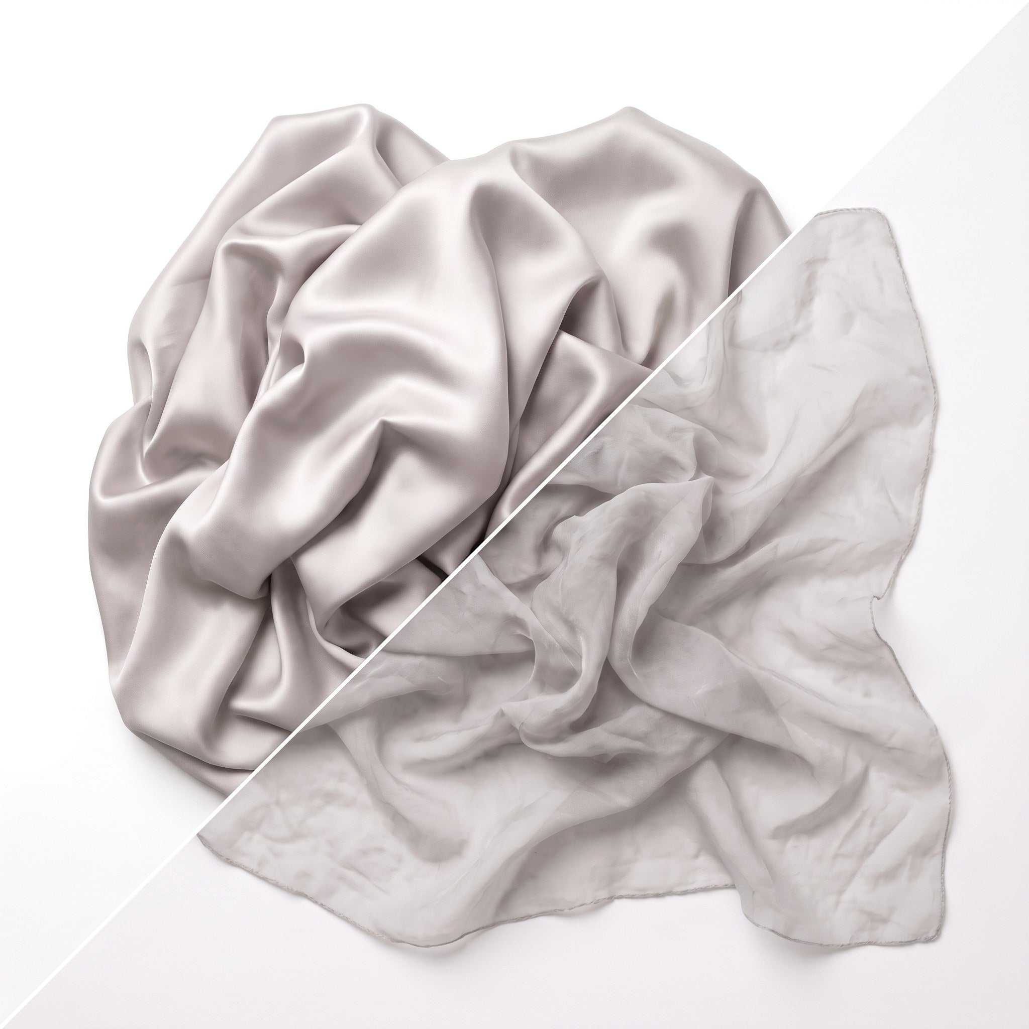 Aveloor's heavy, lustrous 22 momme silk beside the thin, semi-sheer 16 to 19 momme silk most brands sell, split on a diagonal